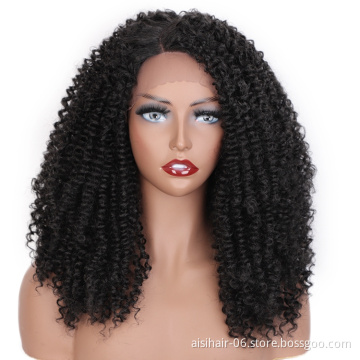 Aisi Hair Cheap Wholesale Shoulder Length Fluffy Black Kinky Curly Side Part Synthetic Hair For Black Women Lace Front Wig